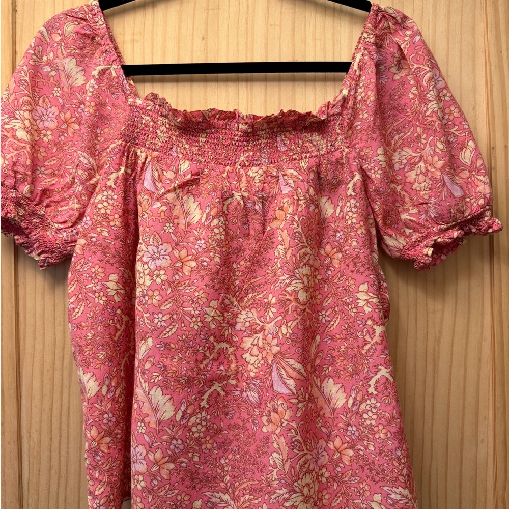 J. Crew Pink Floral Smocked Square-Neck Puff Sleeve Blouse